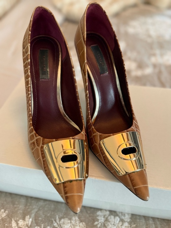 Coach Shoes - Coach Brown Croc-Embossed Pointed Toe Pumps with Gold Plate
